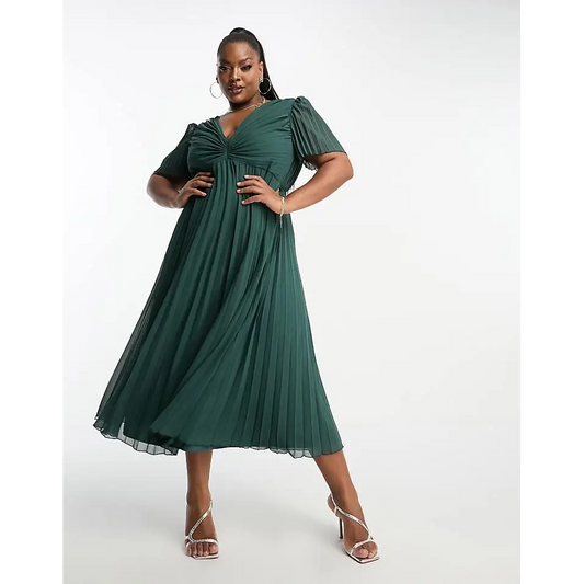 ASOS Design Curve Pleated Midi Dress with Flutter Sleeves in Pine Green - Women