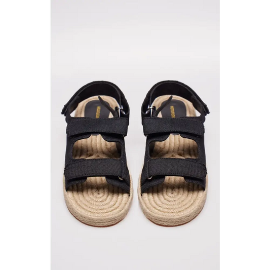 Black Linen Espadrille Sole Velcro Sandals for Stylish Comfort - Footwear