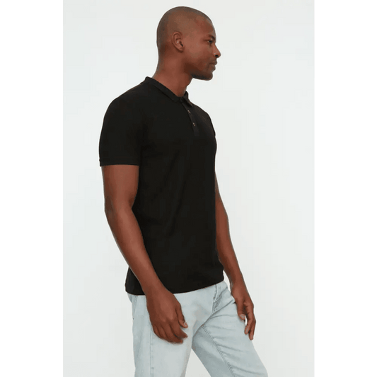 Black Slim Fit Waffle Knit Polo Neck T-Shirt for Casual Wear - Total Trendz