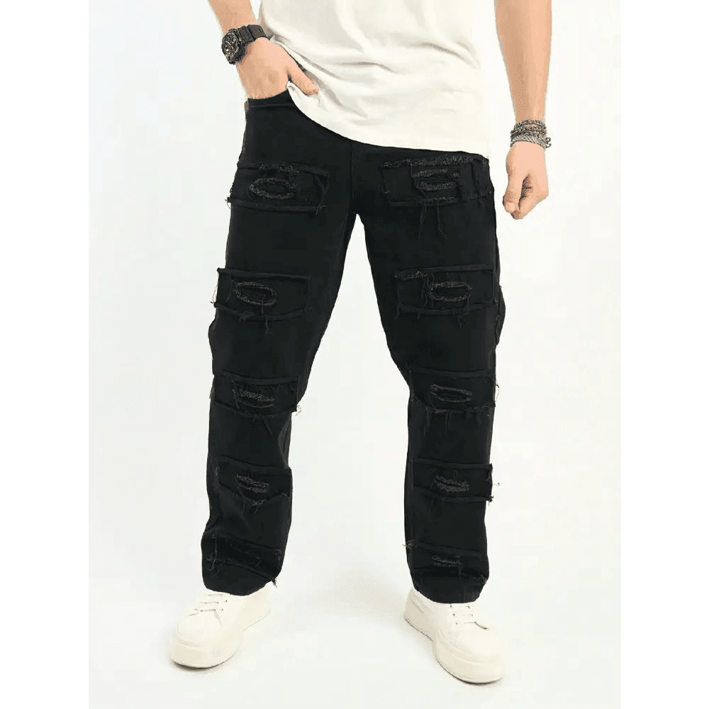 Black Wide Leg Denim Pants with Ripped Details and Pockets - Total Trendz