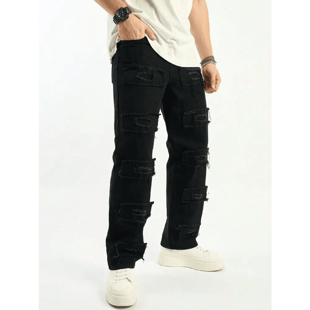 Black Wide Leg Denim Pants with Ripped Details and Pockets - Total Trendz