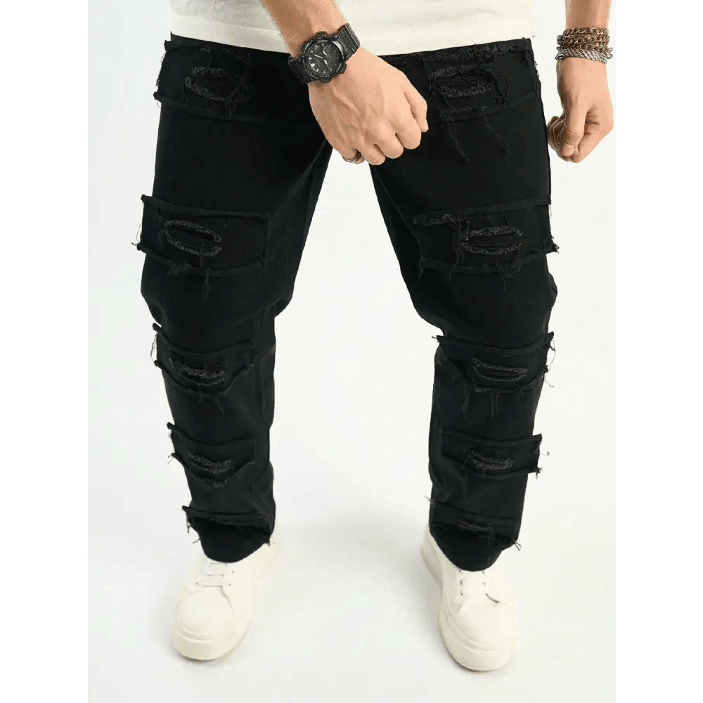 Black Wide Leg Denim Pants with Ripped Details and Pockets - Total Trendz