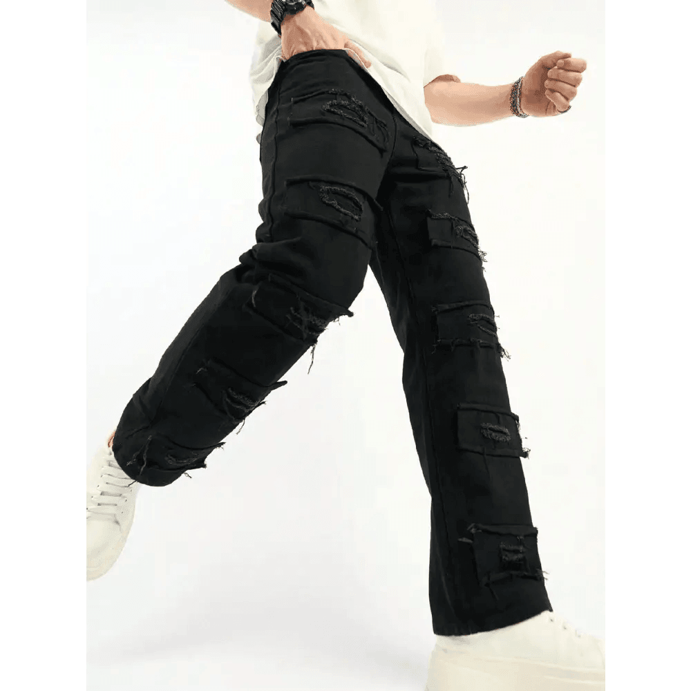 Black Wide Leg Denim Pants with Ripped Details and Pockets - Total Trendz