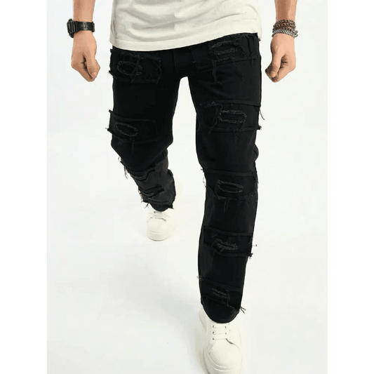 Black Wide Leg Denim Pants with Ripped Details and Pockets - Total Trendz