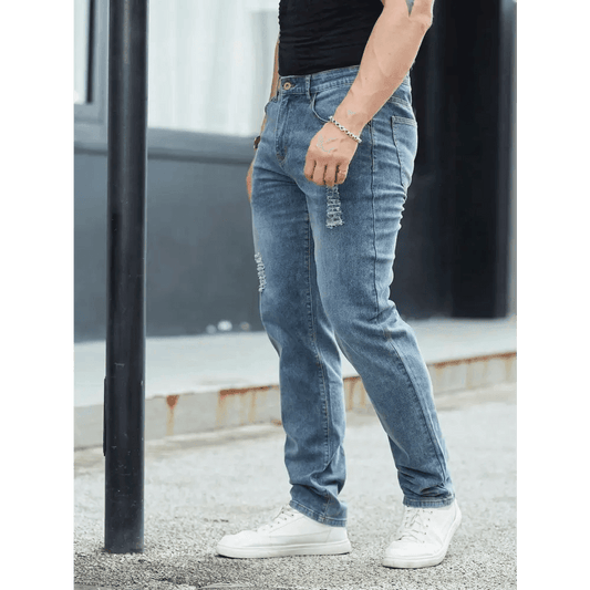 Blue High Stretch Straight Leg Denim Pants with Ripped Details - Total Trendz