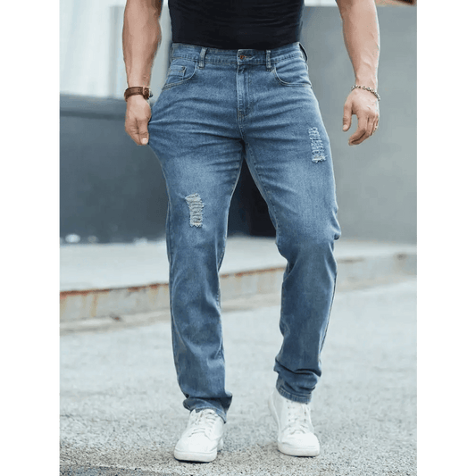 Blue High Stretch Straight Leg Denim Pants with Ripped Details - Total Trendz