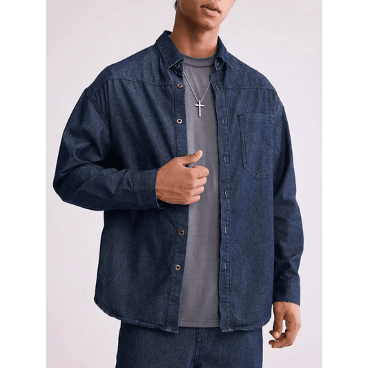 Casual Blue Denim Shirt with Pocket and Button Front Closure - Total Trendz