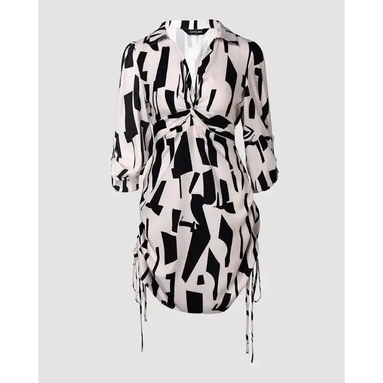 All Over Print Turn-down V-Neck Twisted Side Drawstring Shirt Dress - Total Trendz