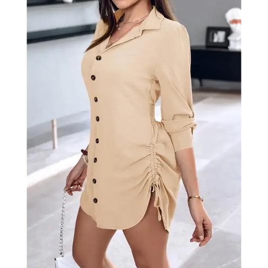 Striped Shirred Buttoned Drawstring Shirt Dress - Total Trendz