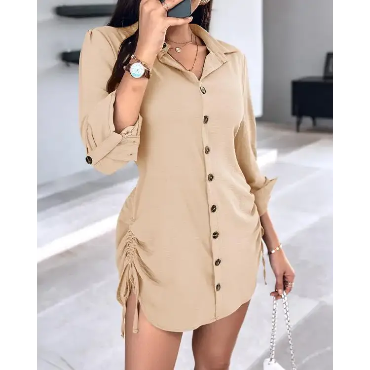 Striped Shirred Buttoned Drawstring Shirt Dress - Total Trendz