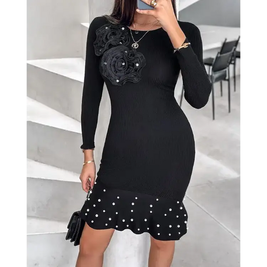 Floral Pattern Long Sleeve Beaded Mermaid Bodycon Dress - Total Trendz