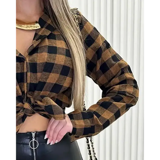 Plaid Print Buttoned Casual Long Sleeve Top - Total Trendz