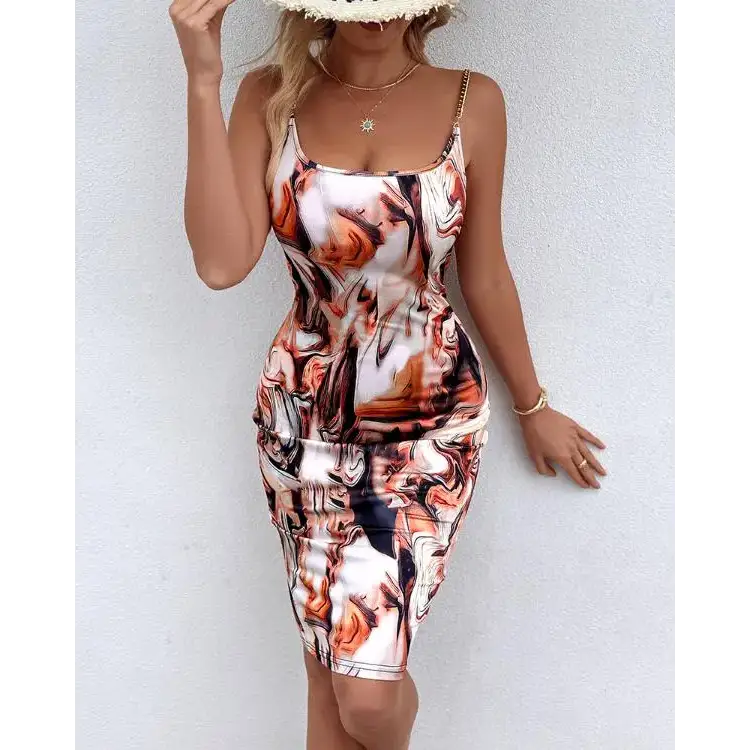 Marble Print Chain Strap Bodycon Dress - Total Trendz