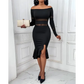 Off Shoulder Rhinestone Decor Slit Ruffles Party Dress - Total Trendz