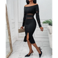 Off Shoulder Rhinestone Decor Slit Ruffles Party Dress - Total Trendz