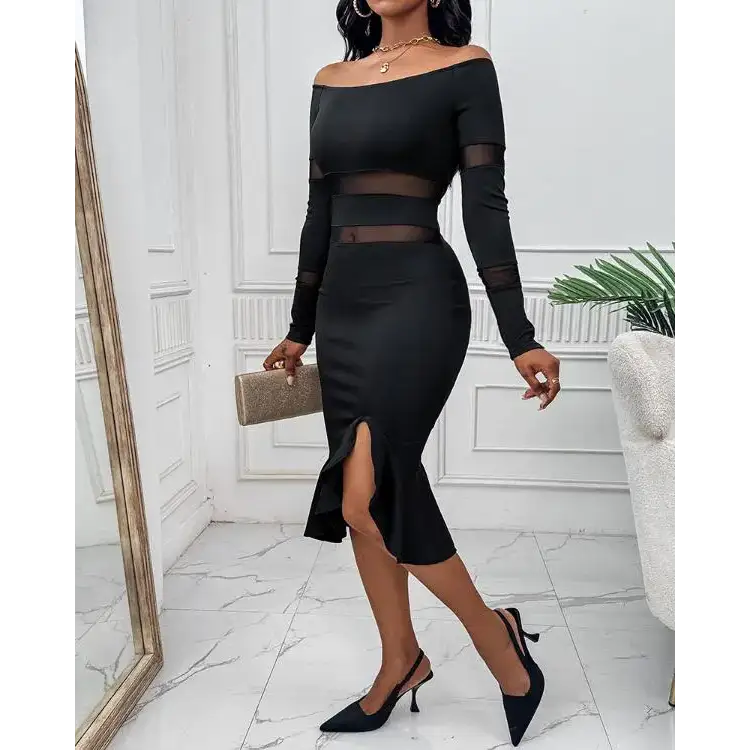 Off Shoulder Rhinestone Decor Slit Ruffles Party Dress - Total Trendz