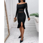 Off Shoulder Rhinestone Decor Slit Ruffles Party Dress - Total Trendz