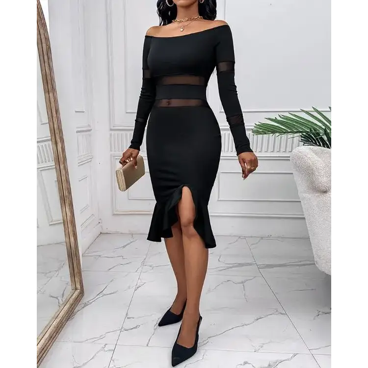 Off Shoulder Rhinestone Decor Slit Ruffles Party Dress - Total Trendz