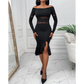 Off Shoulder Rhinestone Decor Slit Ruffles Party Dress - Total Trendz