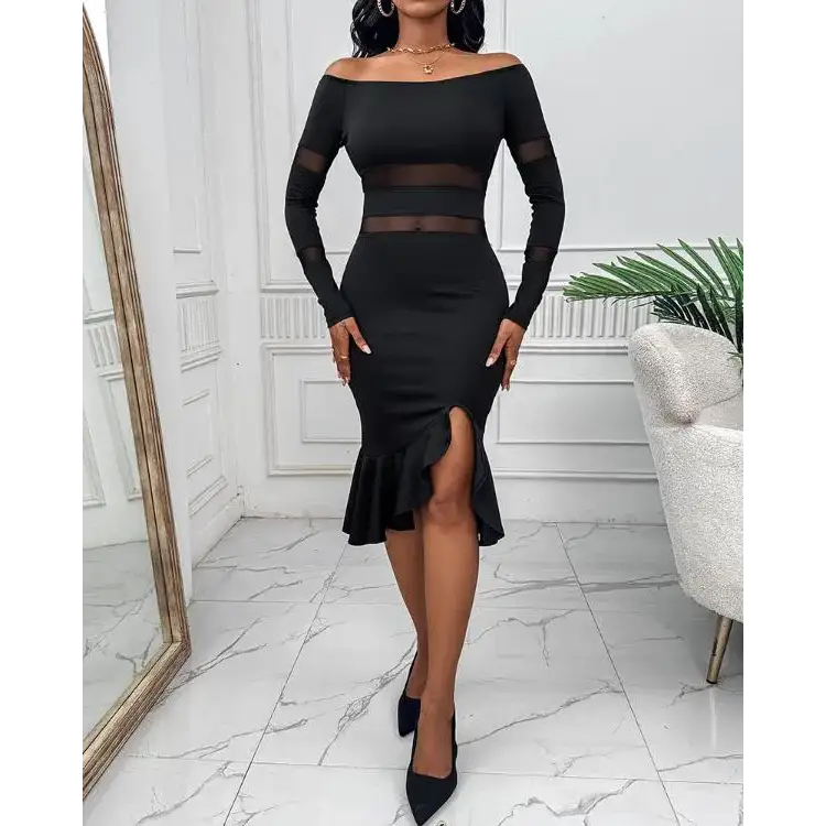 Off Shoulder Rhinestone Decor Slit Ruffles Party Dress - Total Trendz