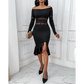 Off Shoulder Rhinestone Decor Slit Ruffles Party Dress - Total Trendz