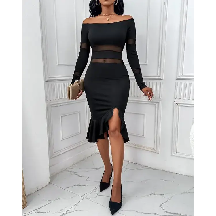 Off Shoulder Rhinestone Decor Slit Ruffles Party Dress - Total Trendz