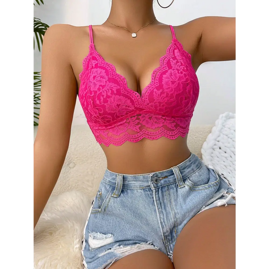 Comfy Hot Pink Longline Lace Bra for Back-to-School Fashion - Women Bras & Bralettes