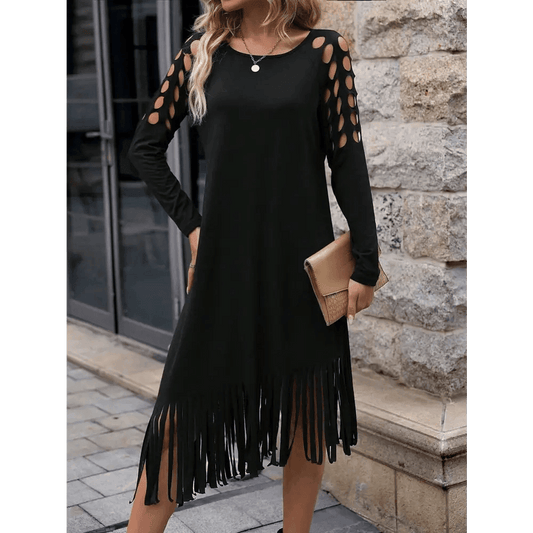 Black Casual Midi Dress with Stretch Raglan Sleeve Fit - Total Trendz