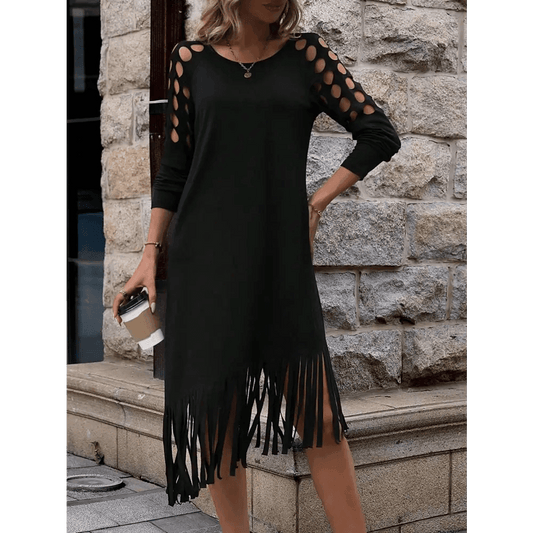 Black Casual Midi Dress with Stretch Raglan Sleeve Fit - Total Trendz