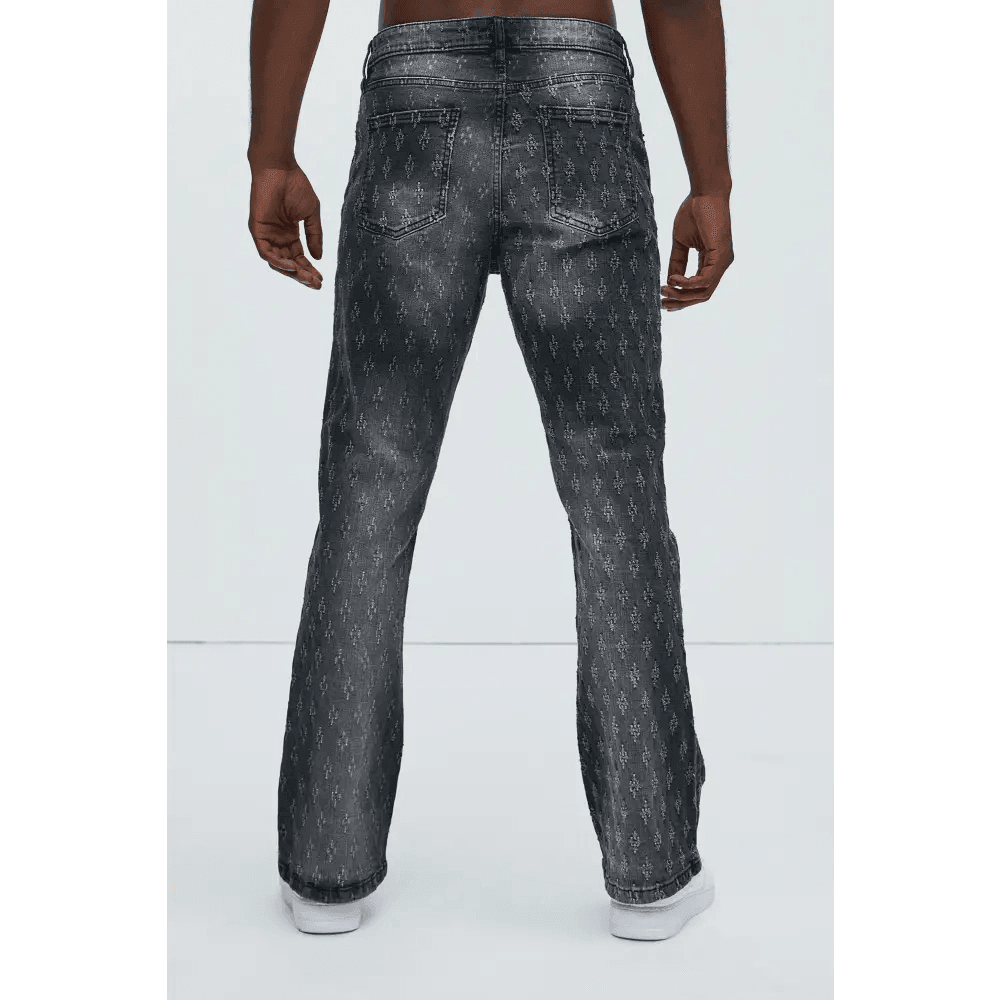 Black Wash Pattern Slim Flared Fit Jeans - Unique Distressed Design - Total Trendz