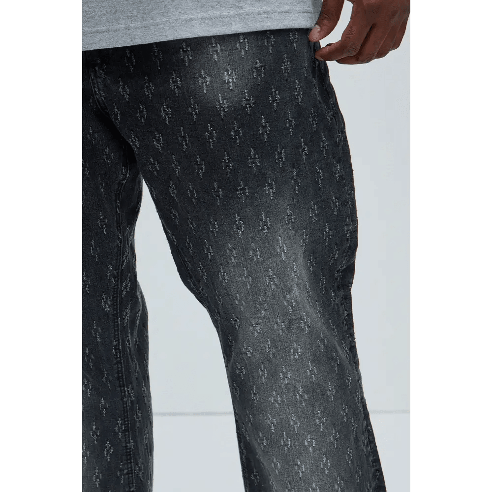 Black Wash Pattern Slim Flared Fit Jeans - Unique Distressed Design - Total Trendz