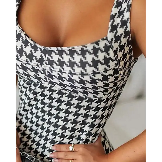 Houndstooth Print Low Neck Slim Fit Bodycon Dress - Total Trendz