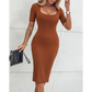 BUILT-IN SHAPEWEAR Short Sleeve Square Neck Slim Fit Midi Dress - Total Trendz