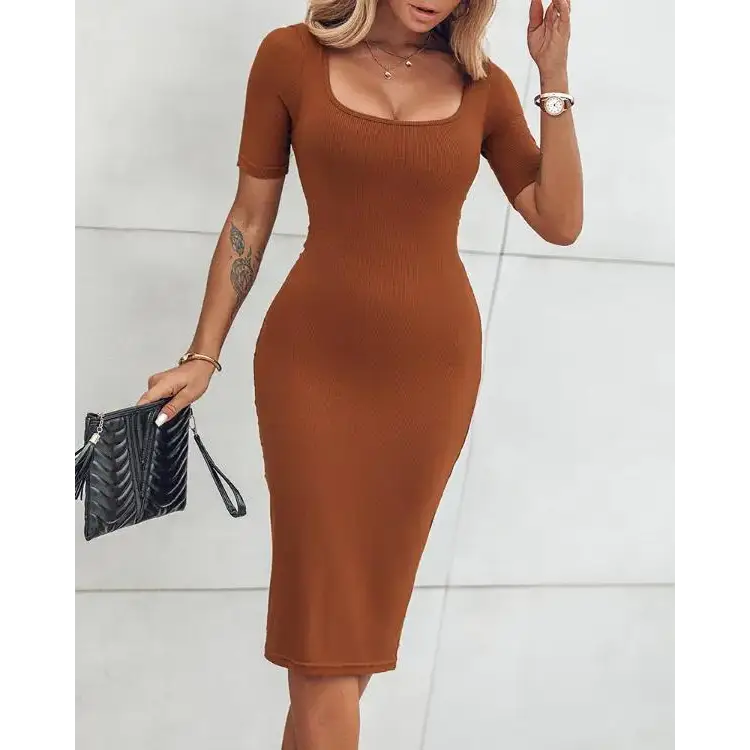 BUILT-IN SHAPEWEAR Short Sleeve Square Neck Slim Fit Midi Dress - Total Trendz