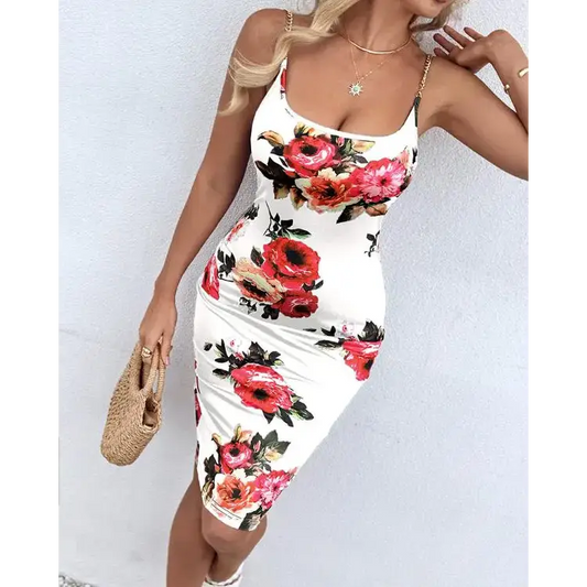 Floral Print Chain Decor Bodycon Dress - Total Trendz