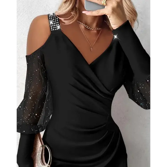 Chic Cold Shoulder Sleeve Dress with Rhinestone Fit and Slight Stretch - Total Trendz