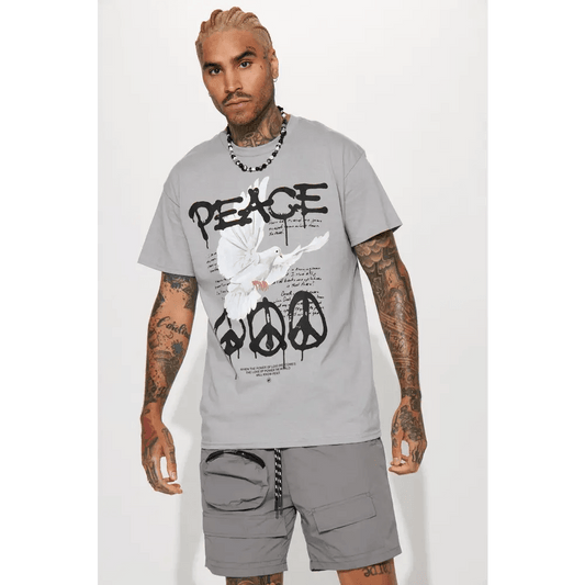 Grey Crew Neck Short Sleeve Unique Screen Print T-Shirt - Total Trendz