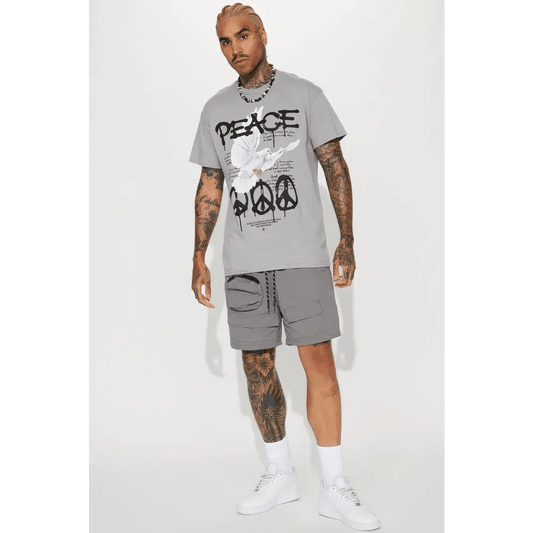 Grey Crew Neck Short Sleeve Unique Screen Print T-Shirt - Total Trendz