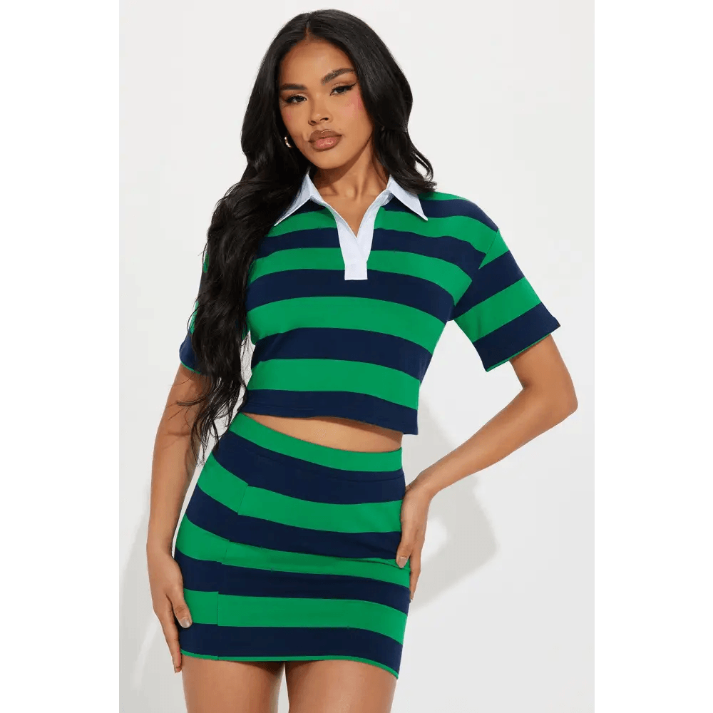 Hunter Green Skirt Set with Polo Cropped Collar and Mini Skirt - Total Trendz