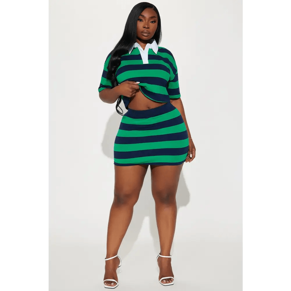 Hunter Green Skirt Set with Polo Cropped Collar and Mini Skirt - Total Trendz