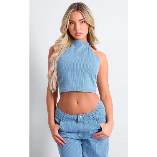 Light Blue Pinstripe Halterneck Denim Top for Effortless Style - Denim