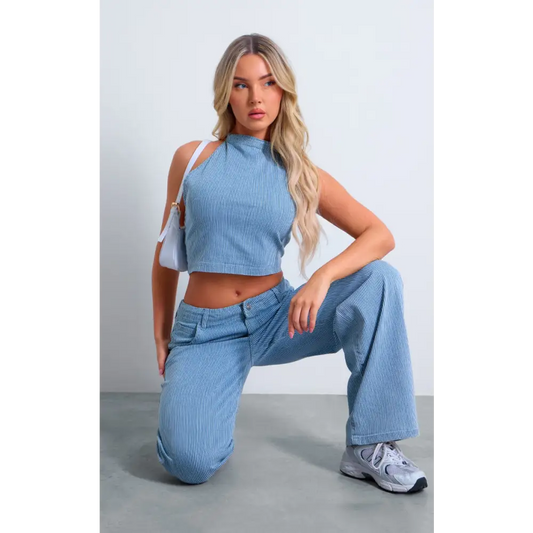 Light Blue Pinstripe Halterneck Denim Top for Effortless Style - Denim