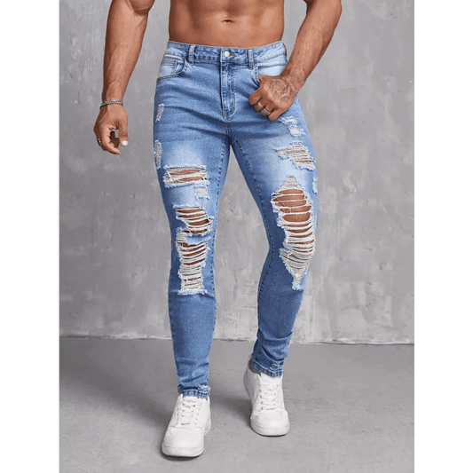 Light Wash Skinny Denim Jeans with Zipper and Ripped Details - Total Trendz