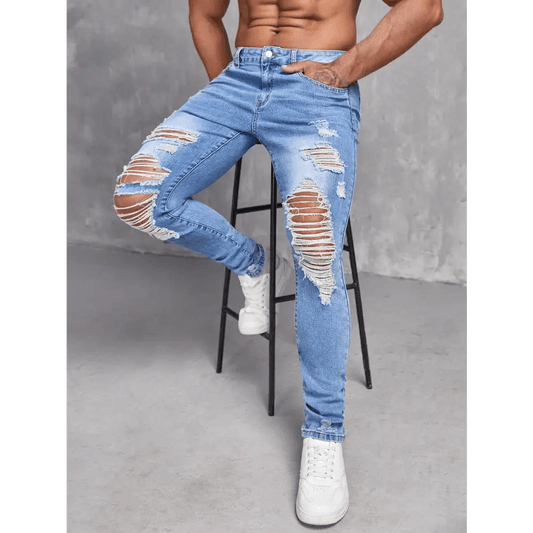 Light Wash Skinny Denim Jeans with Zipper and Ripped Details - Total Trendz