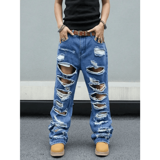 Light Wash Straight Leg Denim Clothing with Ripped Details - Total Trendz