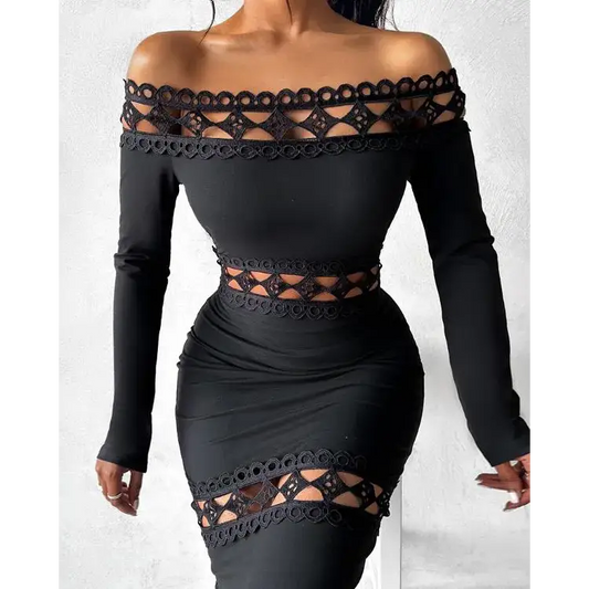 Chic Off the Shoulder Sleeve Mid-Calf Dress with Slight Stretch - Total Trendz