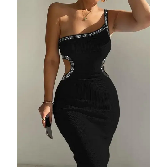 Rhinestone Cutout One Shoulder Bodycon Dress - Total Trendz