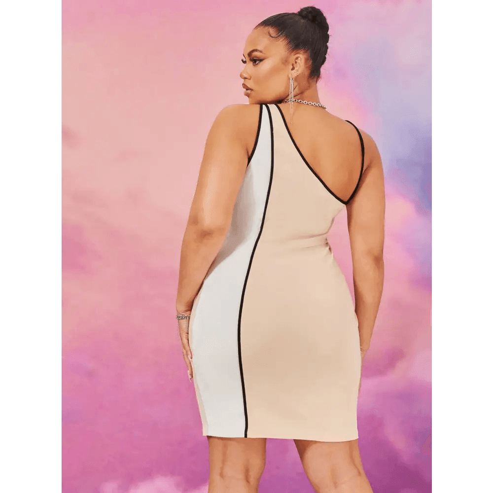 Beige Bodycon Dress with Asymmetrical Neck and Contrast Binding Detail - Total Trendz