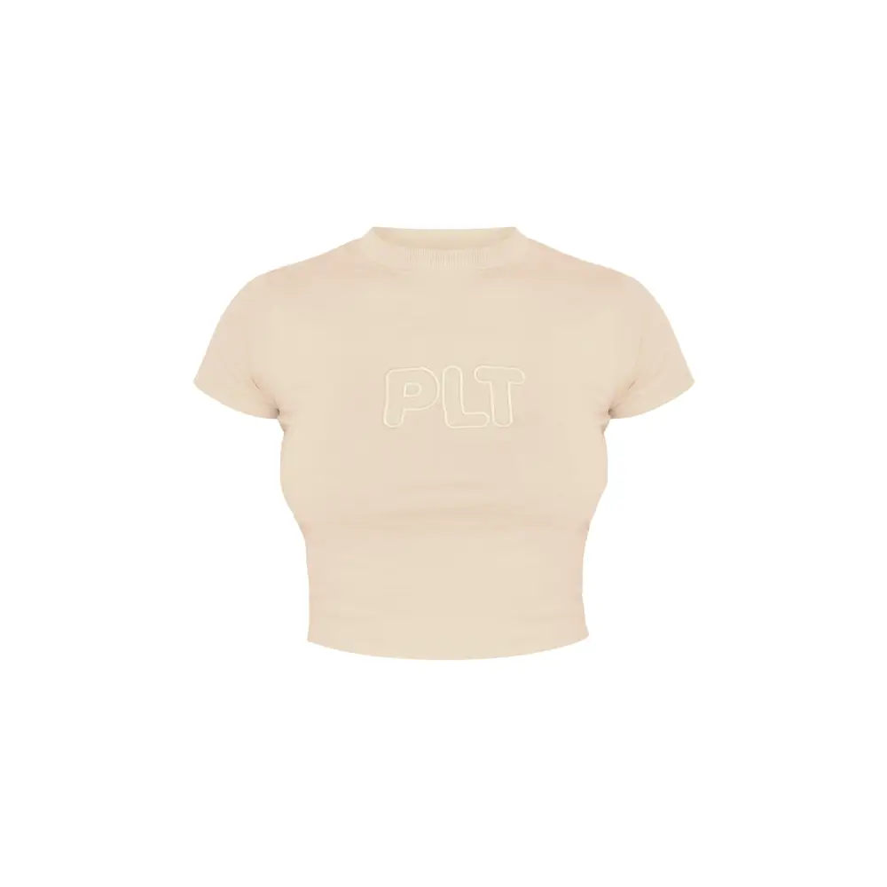 PrettyLittleThing Taupe Embroidered Fitted T-Shirt for Effortless Style - Co-ords