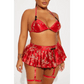 Red Satin Jacquard 3 Piece Bra and Skirt Set with Garter Straps - Total Trendz